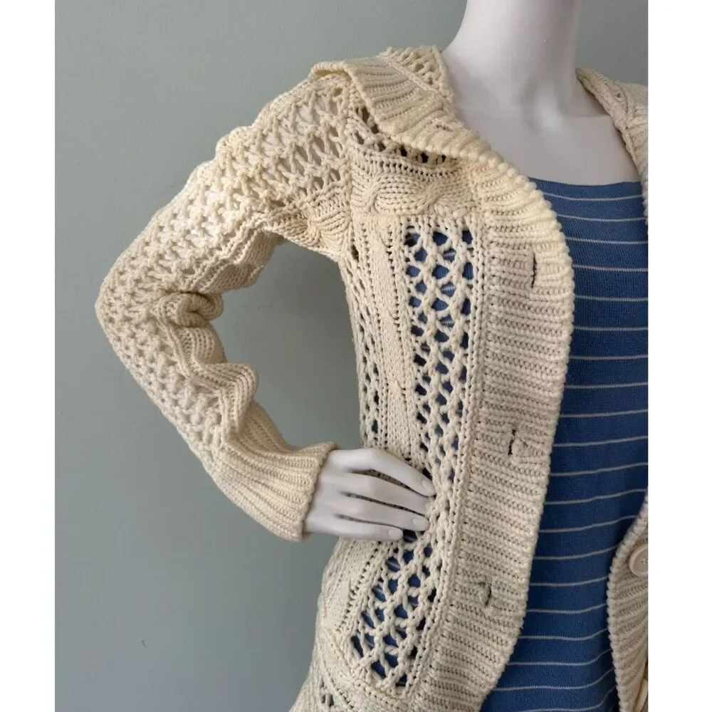 Vintage Cream Crochet Knit Cardigan Sweater Boho Chunky Button Front size Small